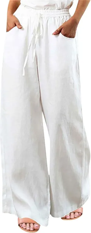 BZGTZT Women's Cotton Linen Pants Summer Casual Wide Leg Trousers Elastic Waist Drawstring Loose Lounge Pants with Pocket