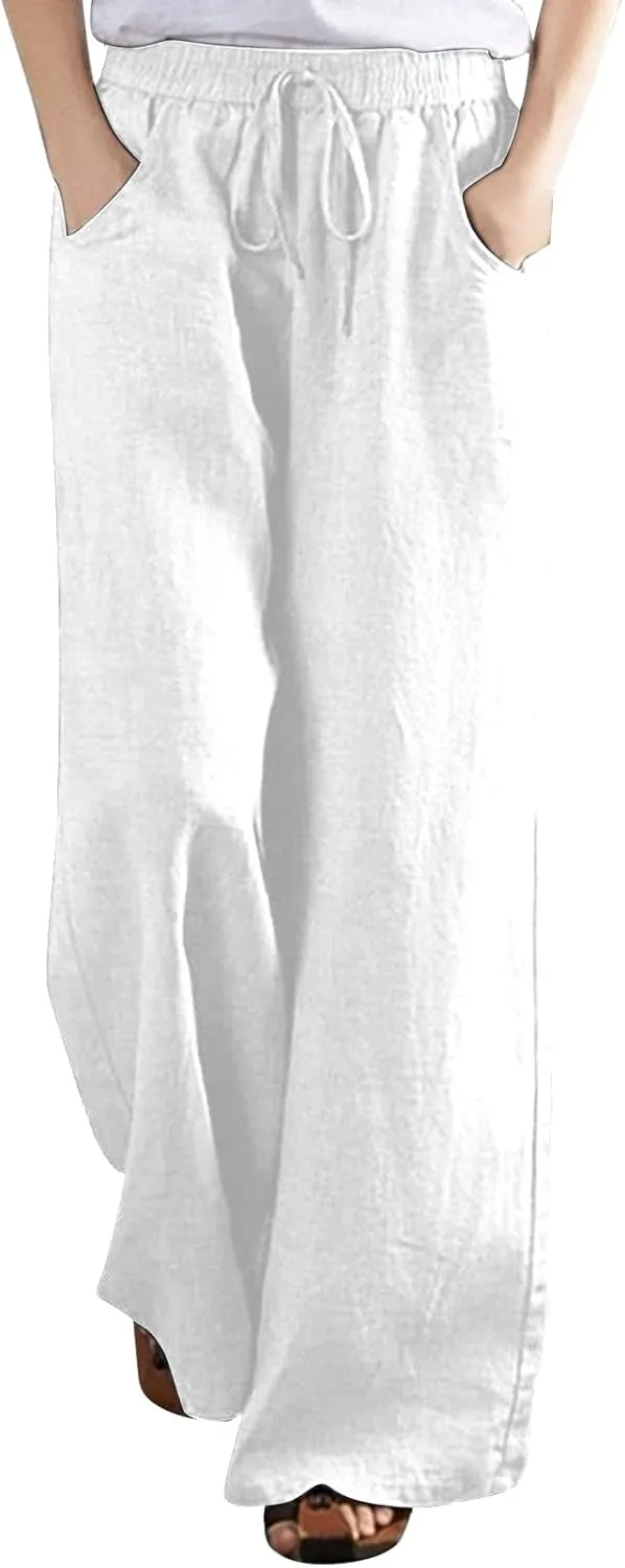 BZGTZT Women's Cotton Linen Pants Summer Casual Wide Leg Trousers Elastic Waist Drawstring Loose Lounge Pants with Pocket