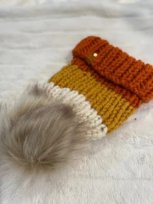 Candy Corn Chunky Knit Beanie With Faux Fur Pom