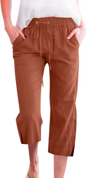 Capri Linen Pants for Women Summer Casual Wide Leg Pants Loose Fit Palazzo Pants Elastic Waist Cropped Trousers S-5X