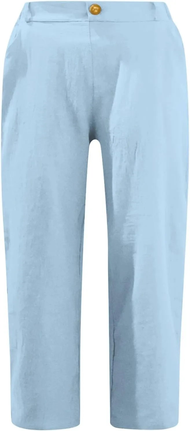 Capri Linen Pants Women Casual Elastic Waisted Trousers Stretchy Ladies Cropped Palazzo Pants Casual Summer 2025