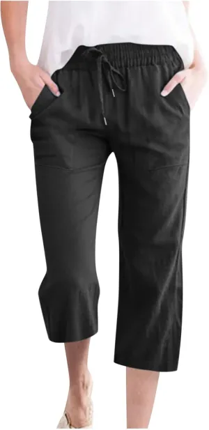 Capri Pants for Women Cotton Linen Summer Pants Elastic Waist Drawstring Wide Leg Capris Beach Travel Vacation Outfits