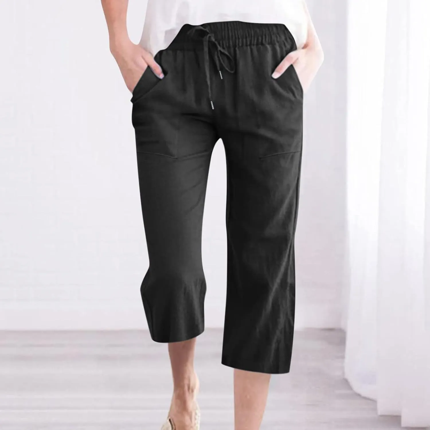 Capri Pants for Women Cotton Linen Summer Pants Elastic Waist Drawstring Wide Leg Capris Beach Travel Vacation Outfits