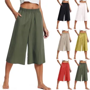 Capri Pants for Women High Waisted Wide Leg Linen Palazzo Trousers Pull On Elastic Smock Waist Loose Flowy Pants