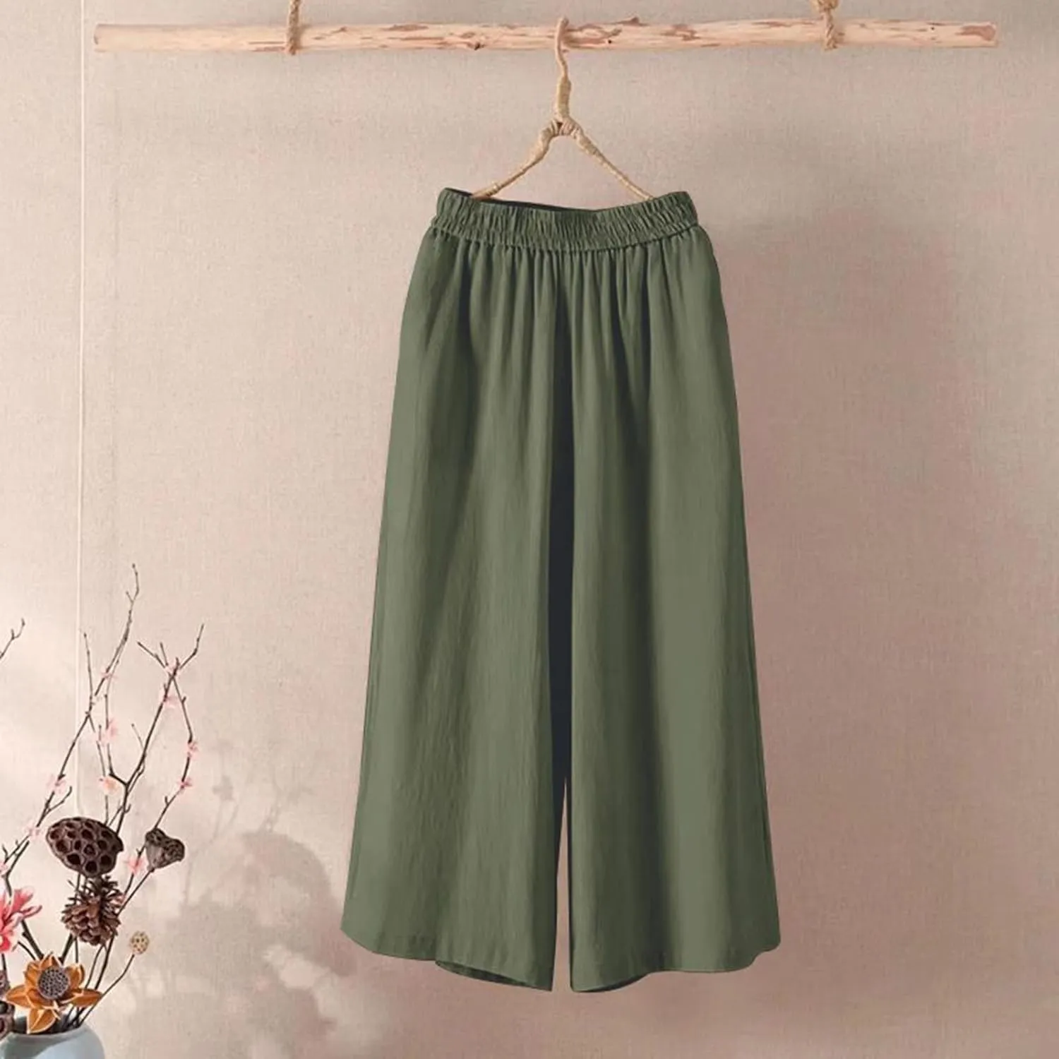 Capri Pants for Women High Waisted Wide Leg Linen Palazzo Trousers Pull On Elastic Smock Waist Loose Flowy Pants
