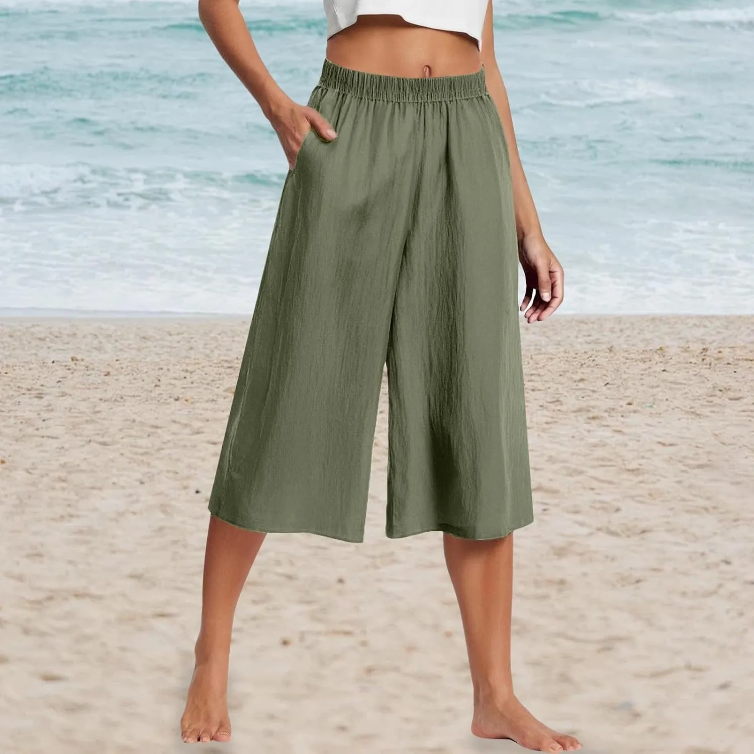 Capri Pants for Women High Waisted Wide Leg Linen Palazzo Trousers Pull On Elastic Smock Waist Loose Flowy Pants