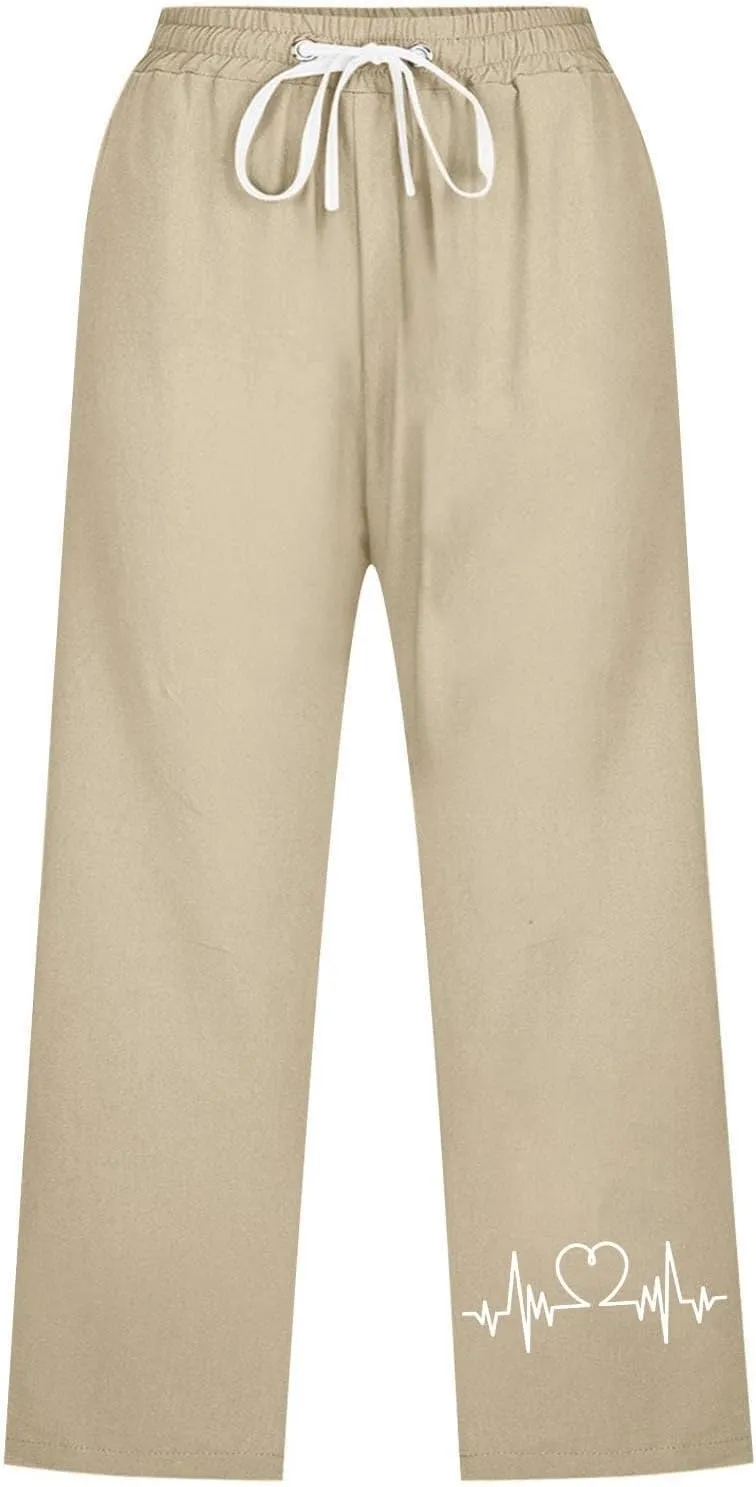 Capris Pants for Women Cotton Linen Casual Summer Straight Leg ECG Print Drawstring Elastic Waist Cropped Trouser