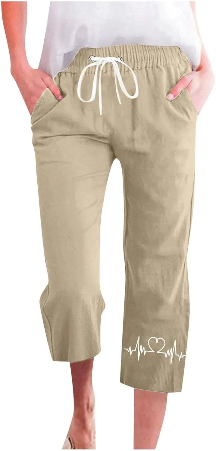 Capris Pants for Women Cotton Linen Casual Summer Straight Leg ECG Print Drawstring Elastic Waist Cropped Trouser