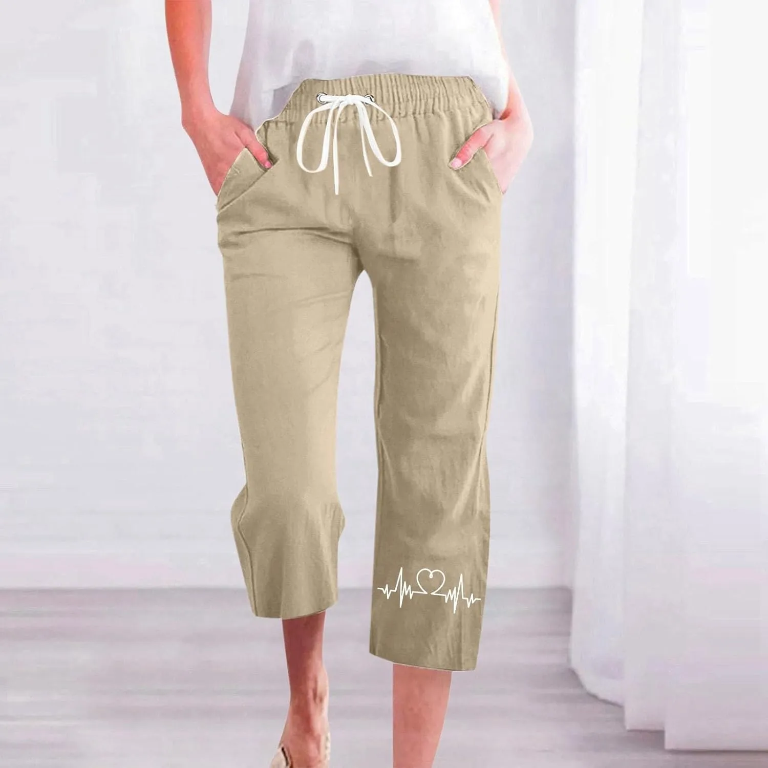Capris Pants for Women Cotton Linen Casual Summer Straight Leg ECG Print Drawstring Elastic Waist Cropped Trouser
