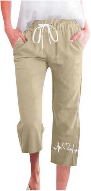 Capris Pants for Women Cotton Linen Casual Summer Straight Leg ECG Print Drawstring Elastic Waist Cropped Trouser