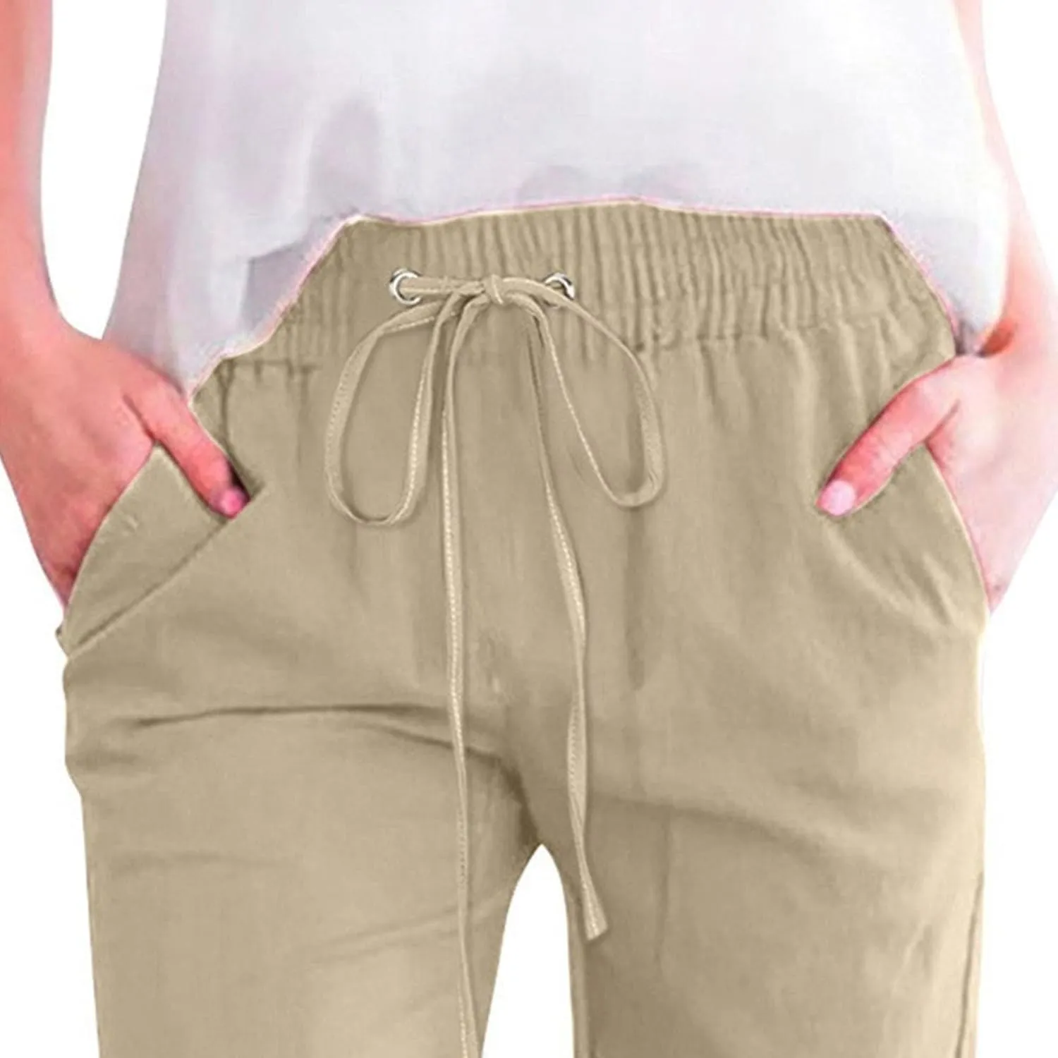 Capris Pants for Women High Waist Drawstring Comfy Casual Pants Lightweight Loose Trousers ButtonsTrim with Pocket