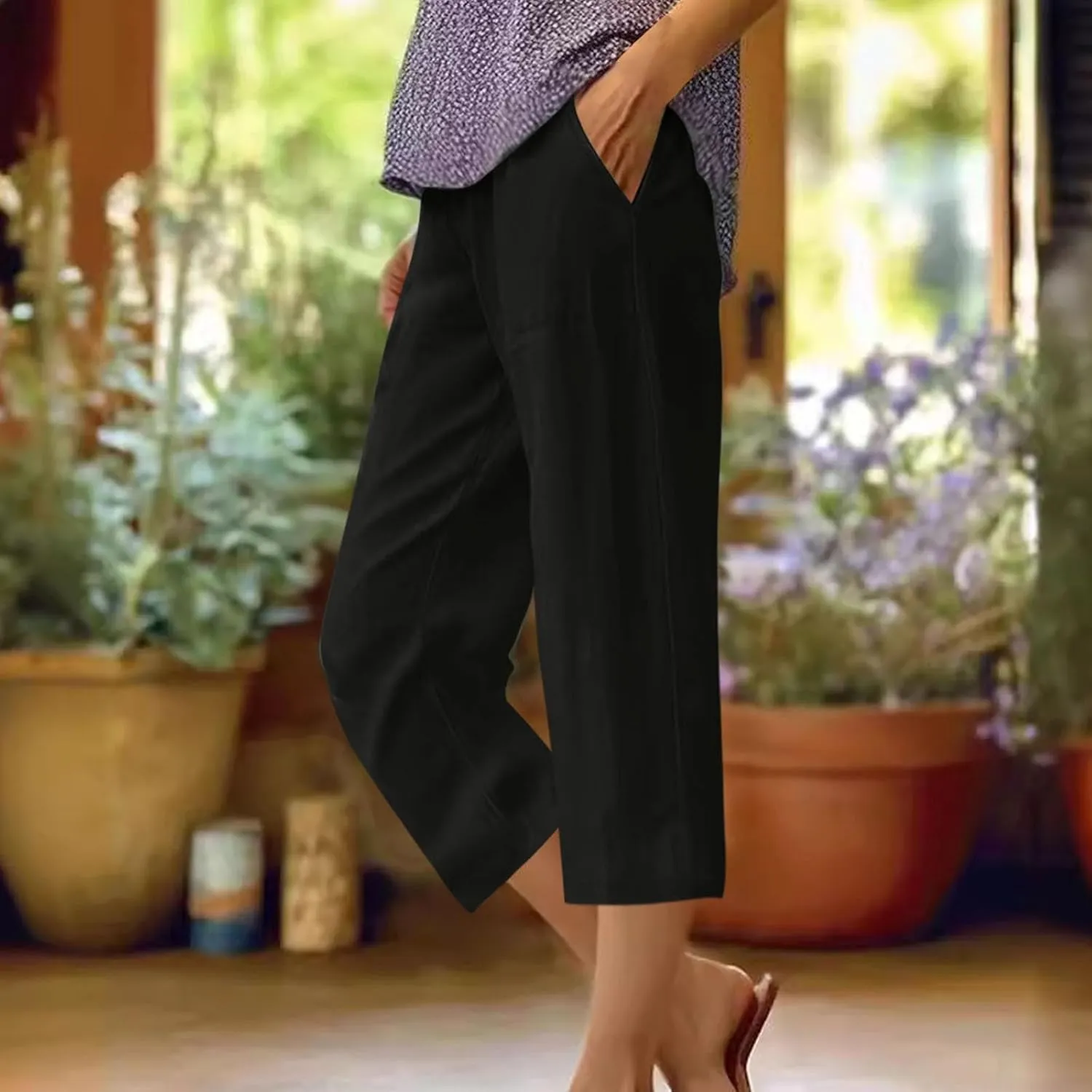 Capris Pants for Women Summer Dressy High Waight Drawstring Linen Pants Plus Size Trendy Beach Lounge Trousers with Pockets