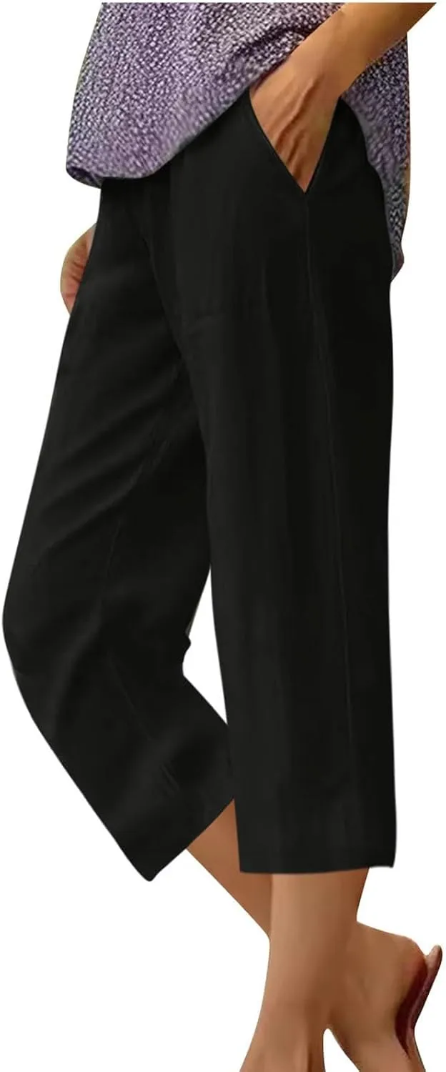 Capris Pants for Women Summer Dressy High Waight Drawstring Linen Pants Plus Size Trendy Beach Lounge Trousers with Pockets