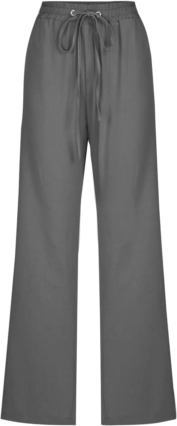 Casual Cotton Linen Pants for Women Lightweight Summer Drawstring Elastic Waist Pants Solid Lounge Long Trousers