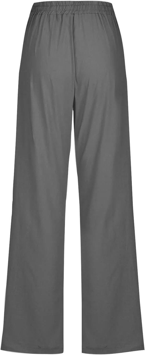 Casual Cotton Linen Pants for Women Lightweight Summer Drawstring Elastic Waist Pants Solid Lounge Long Trousers