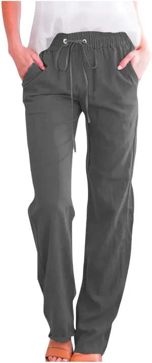 Casual Cotton Linen Pants for Women Lightweight Summer Drawstring Elastic Waist Pants Solid Lounge Long Trousers