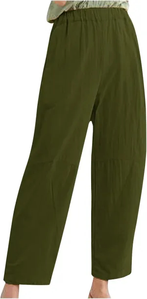 Casual High Waist Pants for Women, Cotton Linen Elastic Waist Palazzo Trousers Flowy Loose Wide Leg Slacks Plus Size