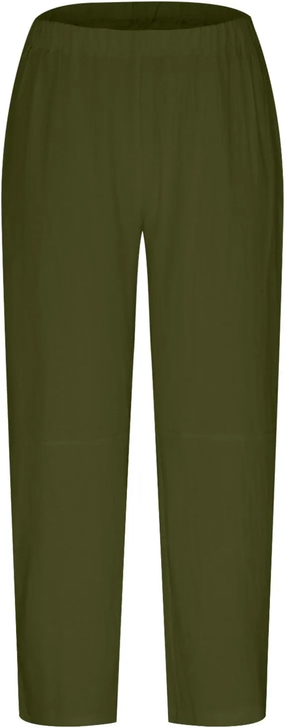 Casual High Waist Pants for Women, Cotton Linen Elastic Waist Palazzo Trousers Flowy Loose Wide Leg Slacks Plus Size