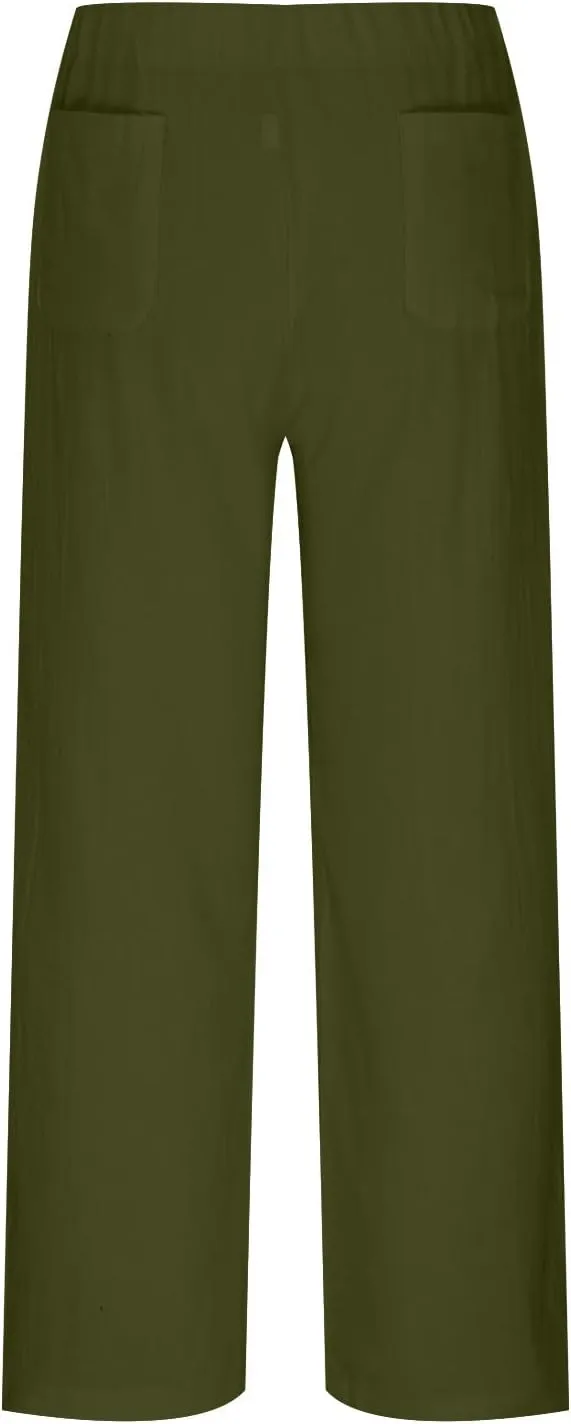 Casual High Waist Pants for Women, Cotton Linen Elastic Waist Palazzo Trousers Flowy Loose Wide Leg Slacks Plus Size