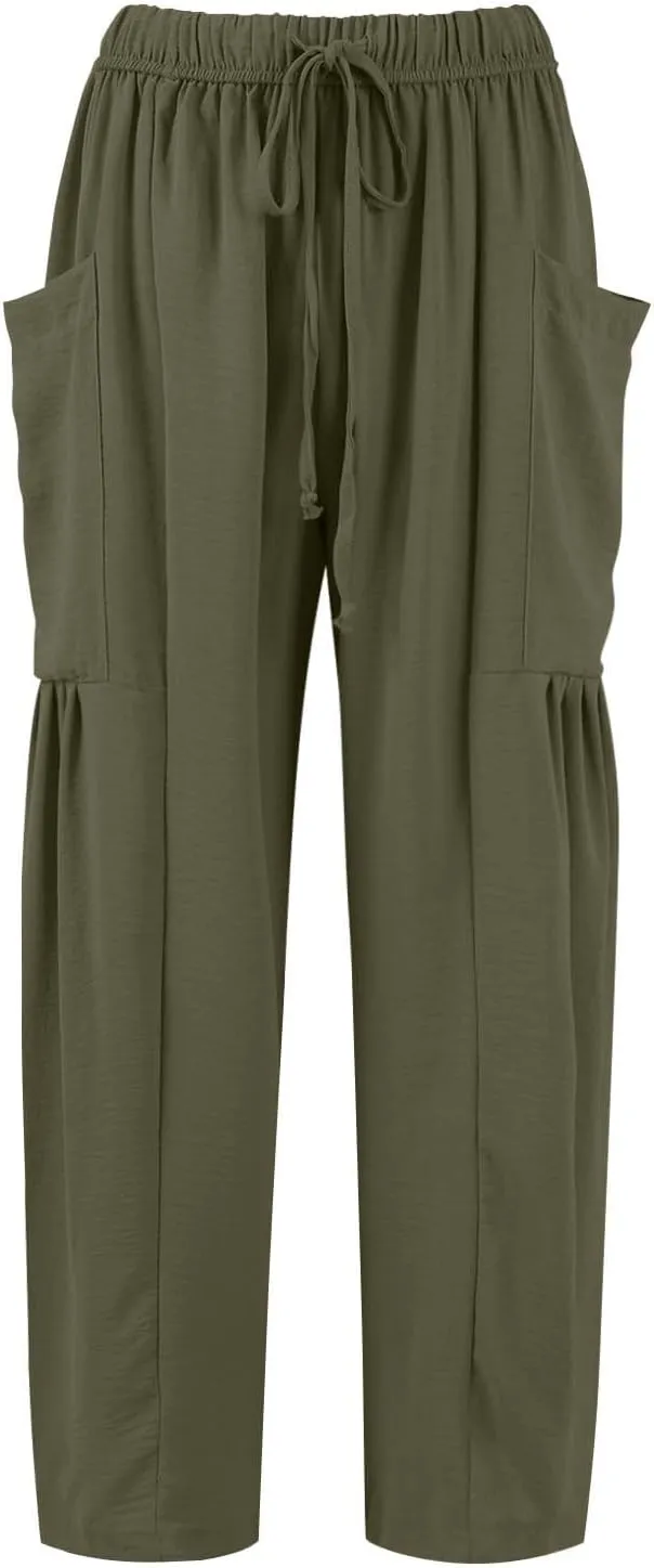 Casual Pants for Women Summer Wide Leg High Waisted Casual Boho Pants Trendy Beach Palazzo Harem Clothes with Pockets