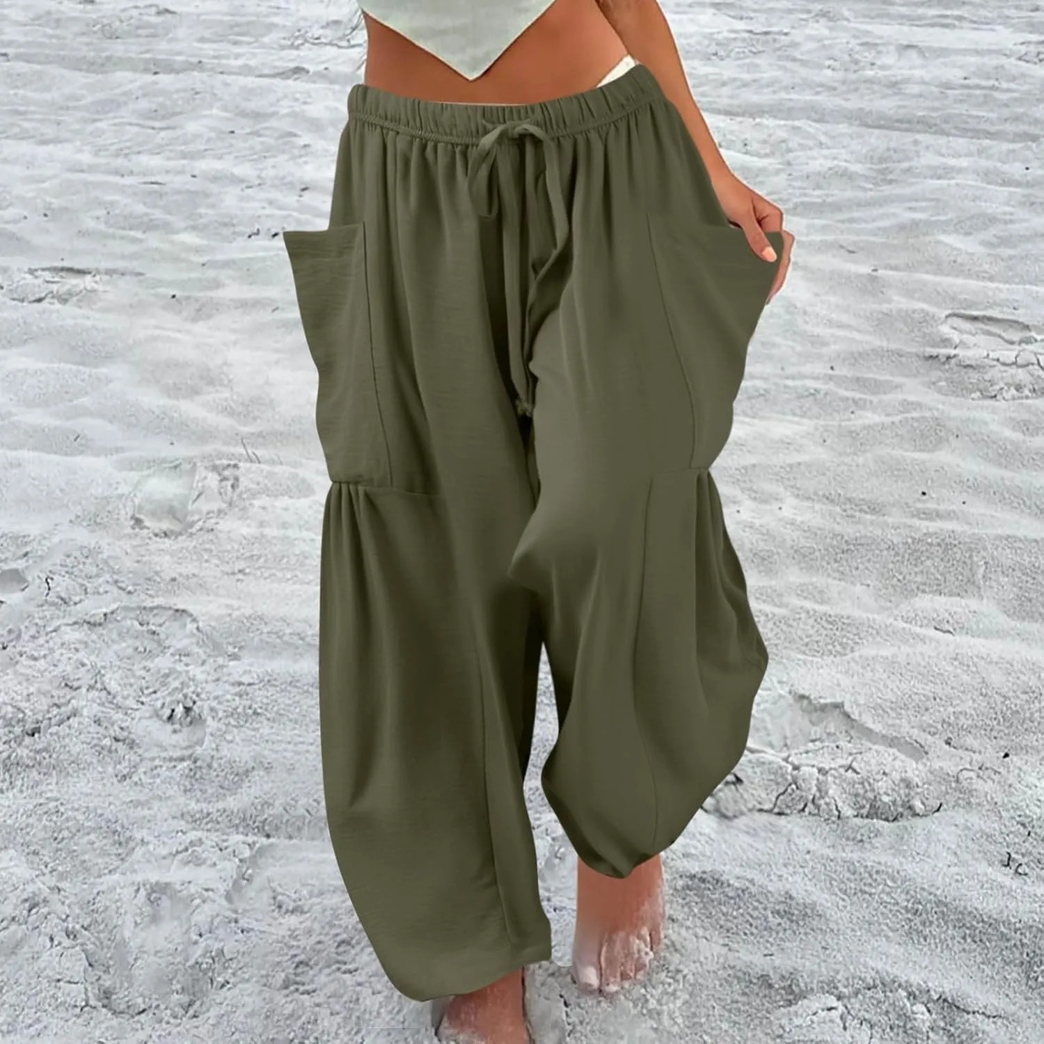 Casual Pants for Women Summer Wide Leg High Waisted Casual Boho Pants Trendy Beach Palazzo Harem Clothes with Pockets