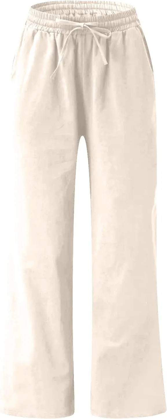 Ceboyel Women Wide Leg Palazzo Pants Cotton Linen Casual Flowy Trousers Drawstring Gaucho Pant Boho Summer Beach Clothes 2023