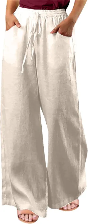 Ceboyel Women Wide Leg Palazzo Pants Cotton Linen Casual Flowy Trousers Drawstring Gaucho Pant Boho Summer Beach Clothes 2023