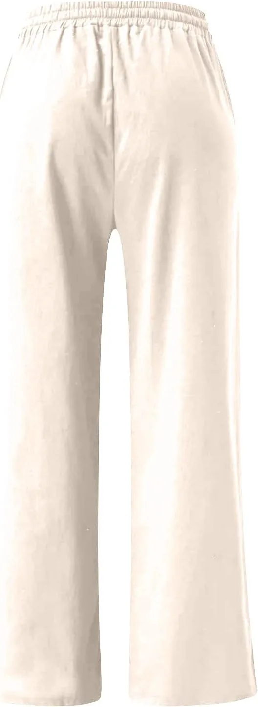 Ceboyel Women Wide Leg Palazzo Pants Cotton Linen Casual Flowy Trousers Drawstring Gaucho Pant Boho Summer Beach Clothes 2023