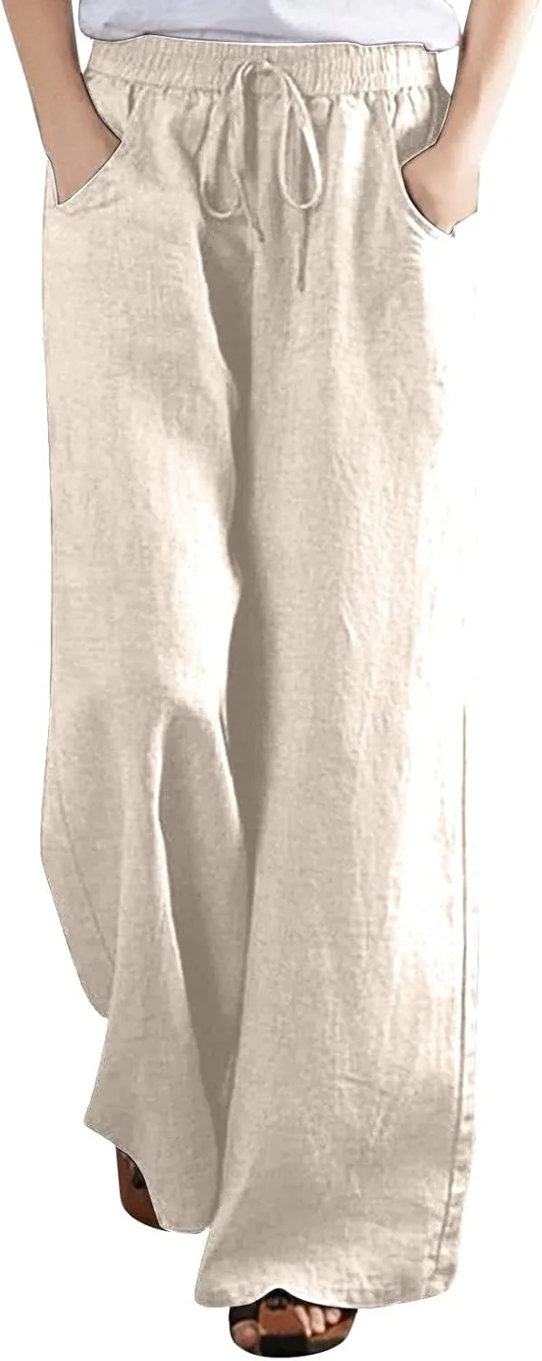 Ceboyel Women Wide Leg Palazzo Pants Cotton Linen Casual Flowy Trousers Drawstring Gaucho Pant Boho Summer Beach Clothes 2023