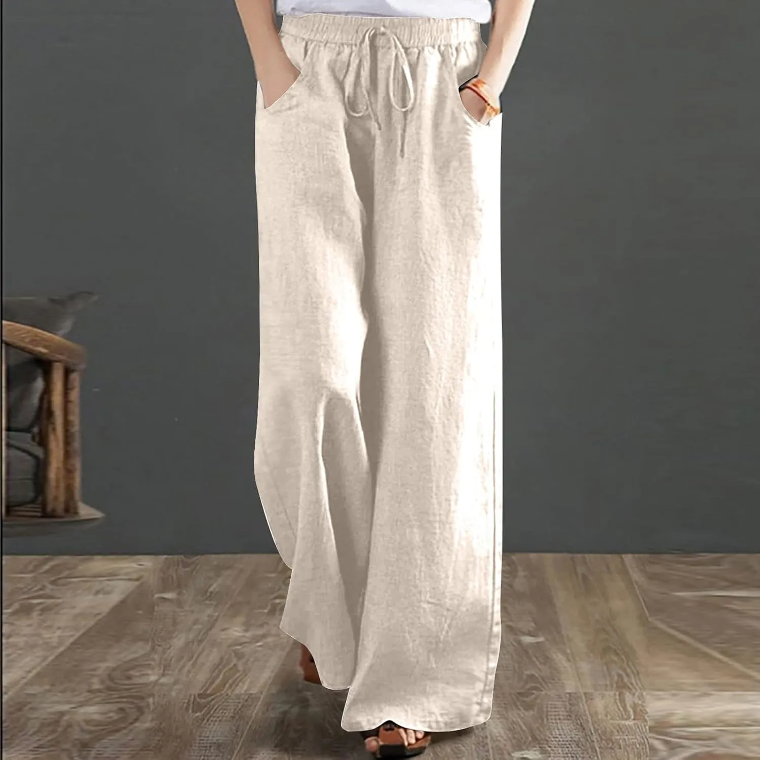 Ceboyel Women Wide Leg Palazzo Pants Cotton Linen Casual Flowy Trousers Drawstring Gaucho Pant Boho Summer Beach Clothes 2023