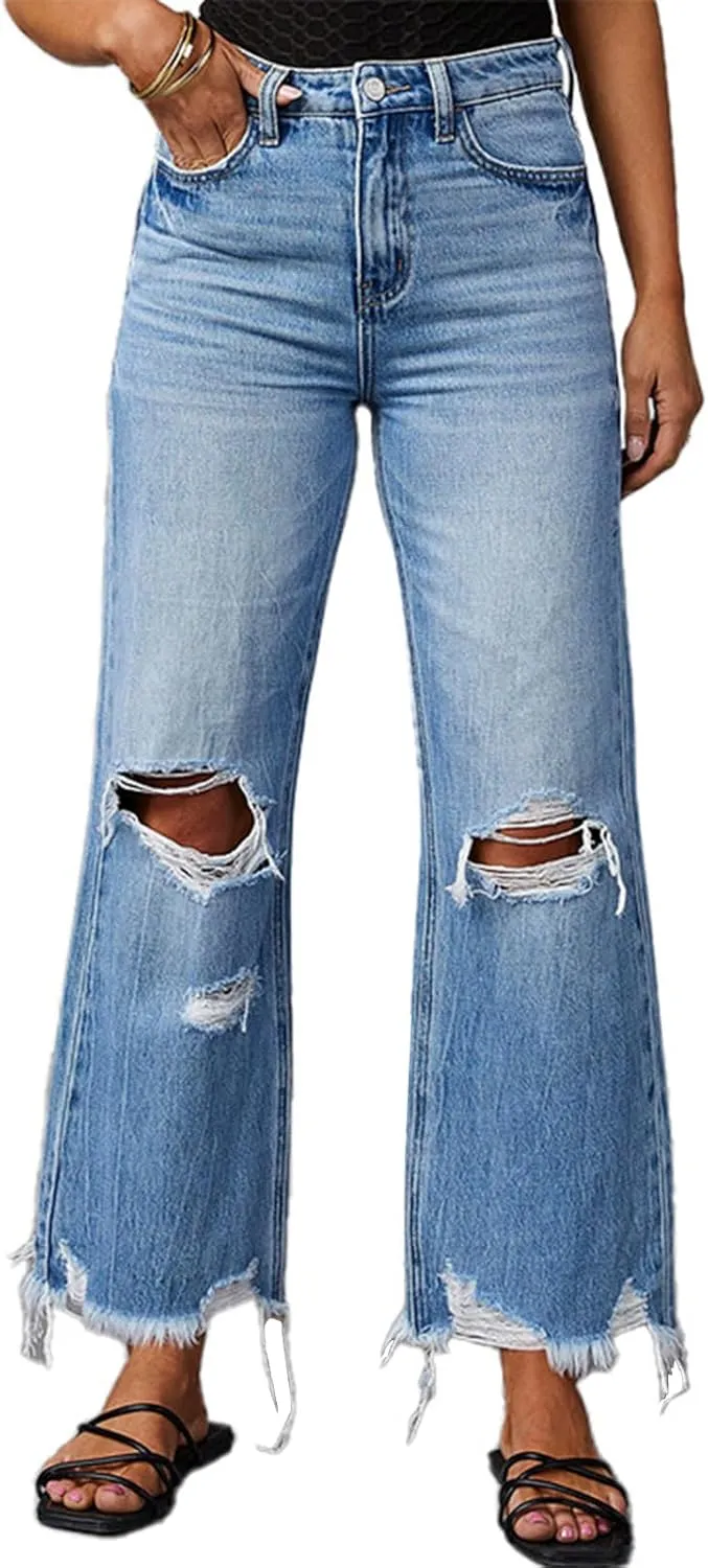 cffvdiz Women's Ripped Bell Bottom Jeans High-Rise Distressed Raw Edge Hem Boyfriend Wide Leg Denim Pants
