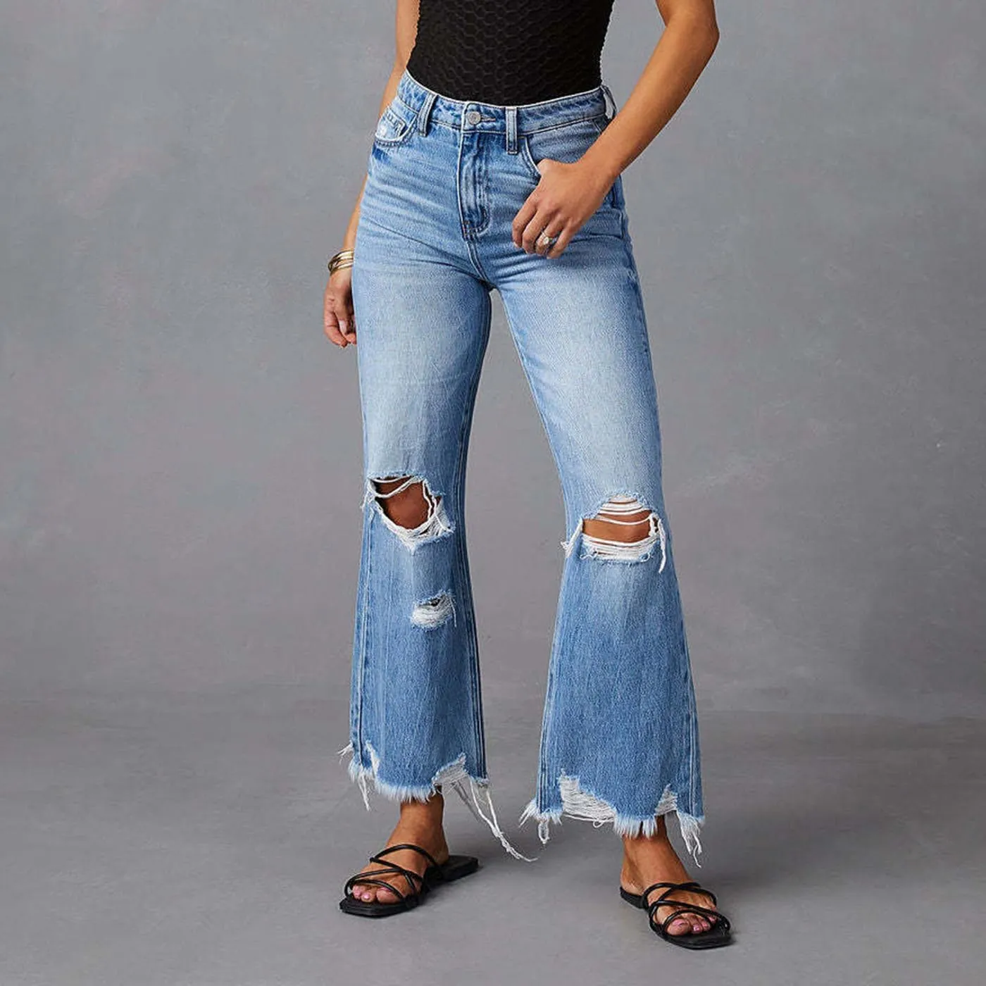 cffvdiz Women's Ripped Bell Bottom Jeans High-Rise Distressed Raw Edge Hem Boyfriend Wide Leg Denim Pants