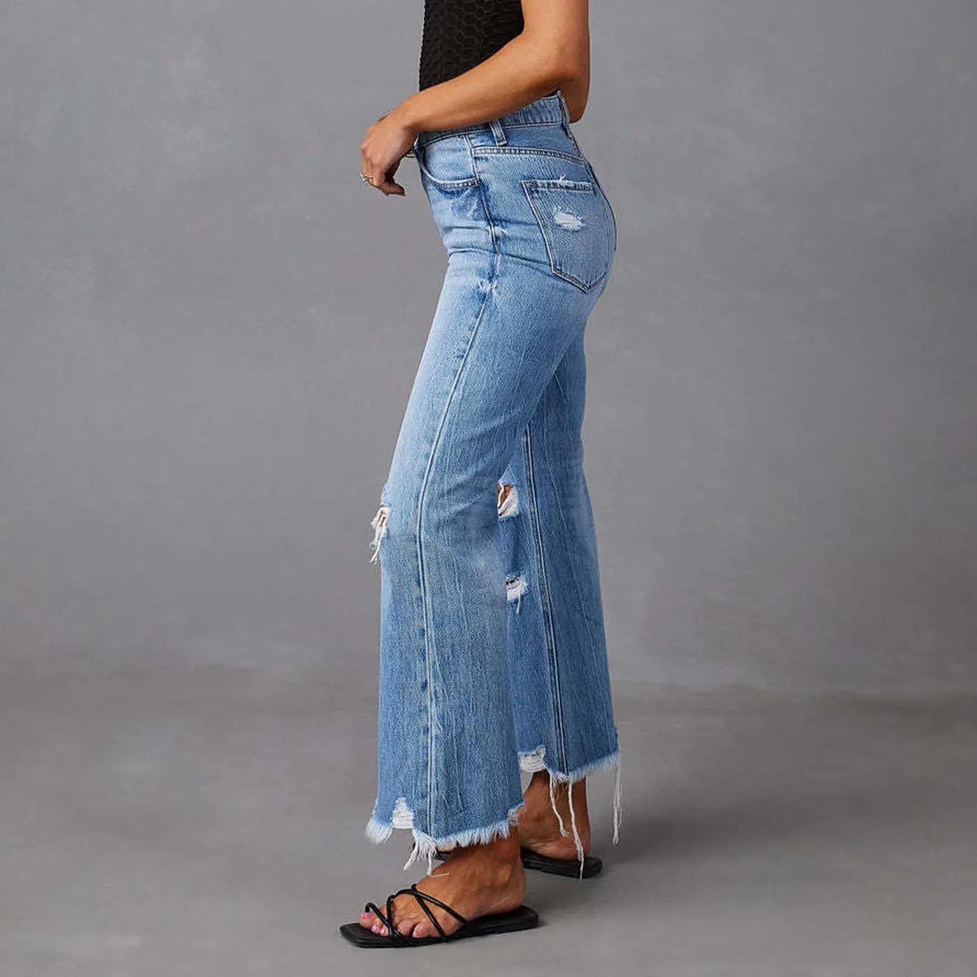 cffvdiz Women's Ripped Bell Bottom Jeans High-Rise Distressed Raw Edge Hem Boyfriend Wide Leg Denim Pants