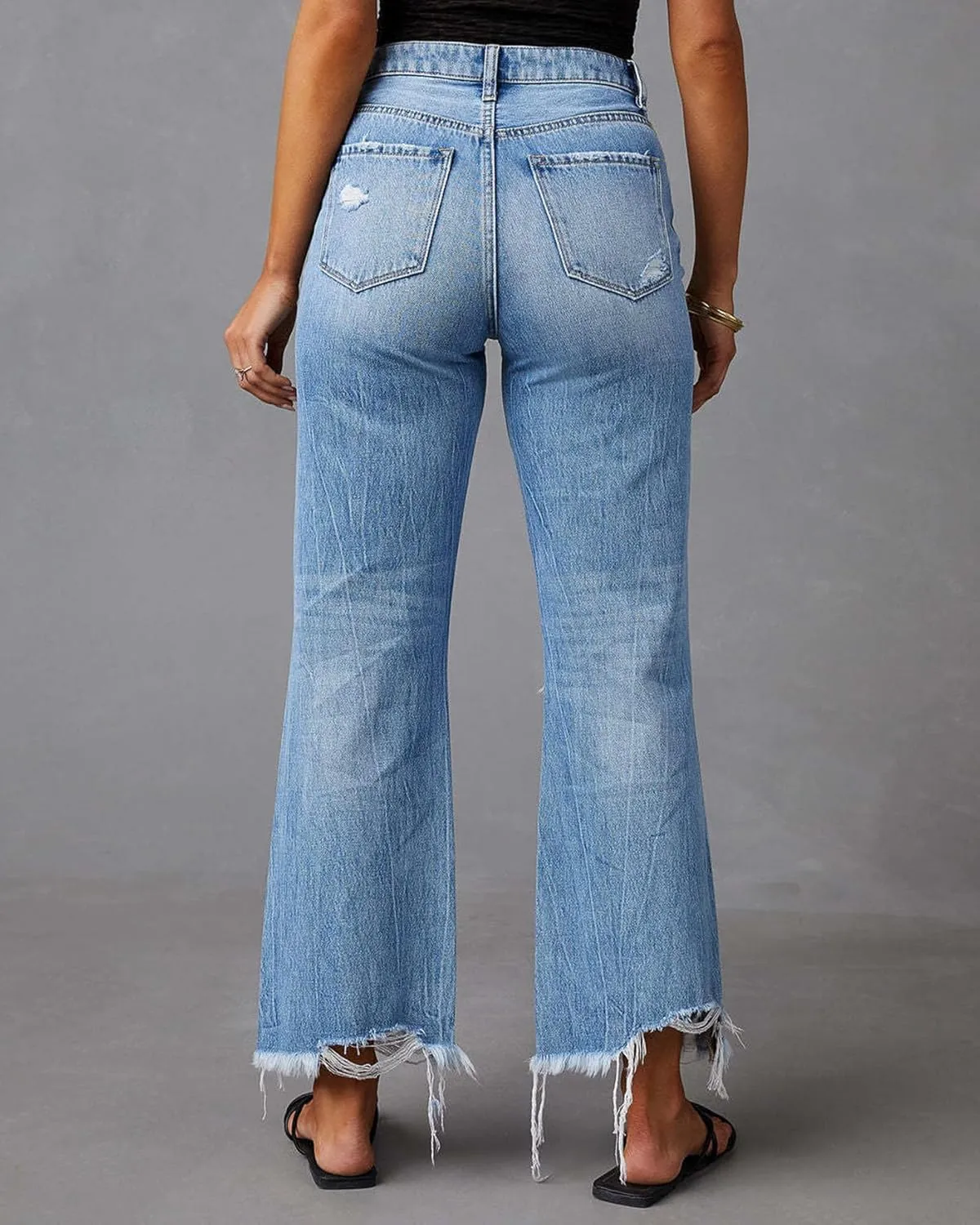 cffvdiz Women's Ripped Bell Bottom Jeans High-Rise Distressed Raw Edge Hem Boyfriend Wide Leg Denim Pants