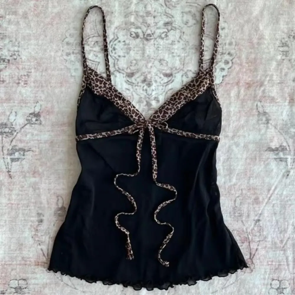 Cheetah Tops Grunge 2000s Emo Floral Cropped Top Spaghetti Strap Tops Y2k Leopard Print Vintage Camisole