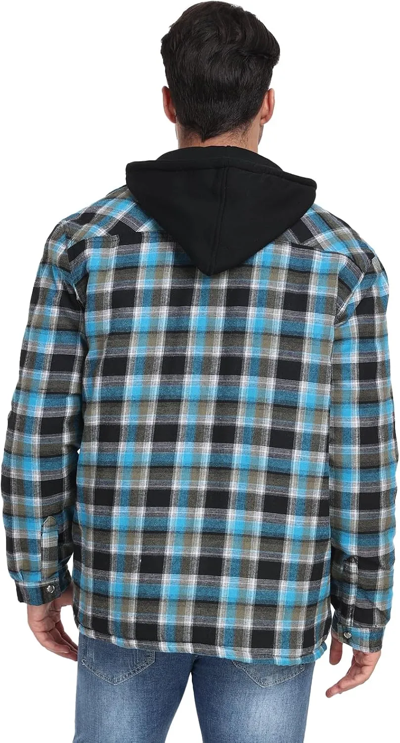 CHEXPEL Flannel Jackets for Men Long Sleeve Plaid Shirt Jacket Quilt Lined Hooded with Button Down Winter Coat