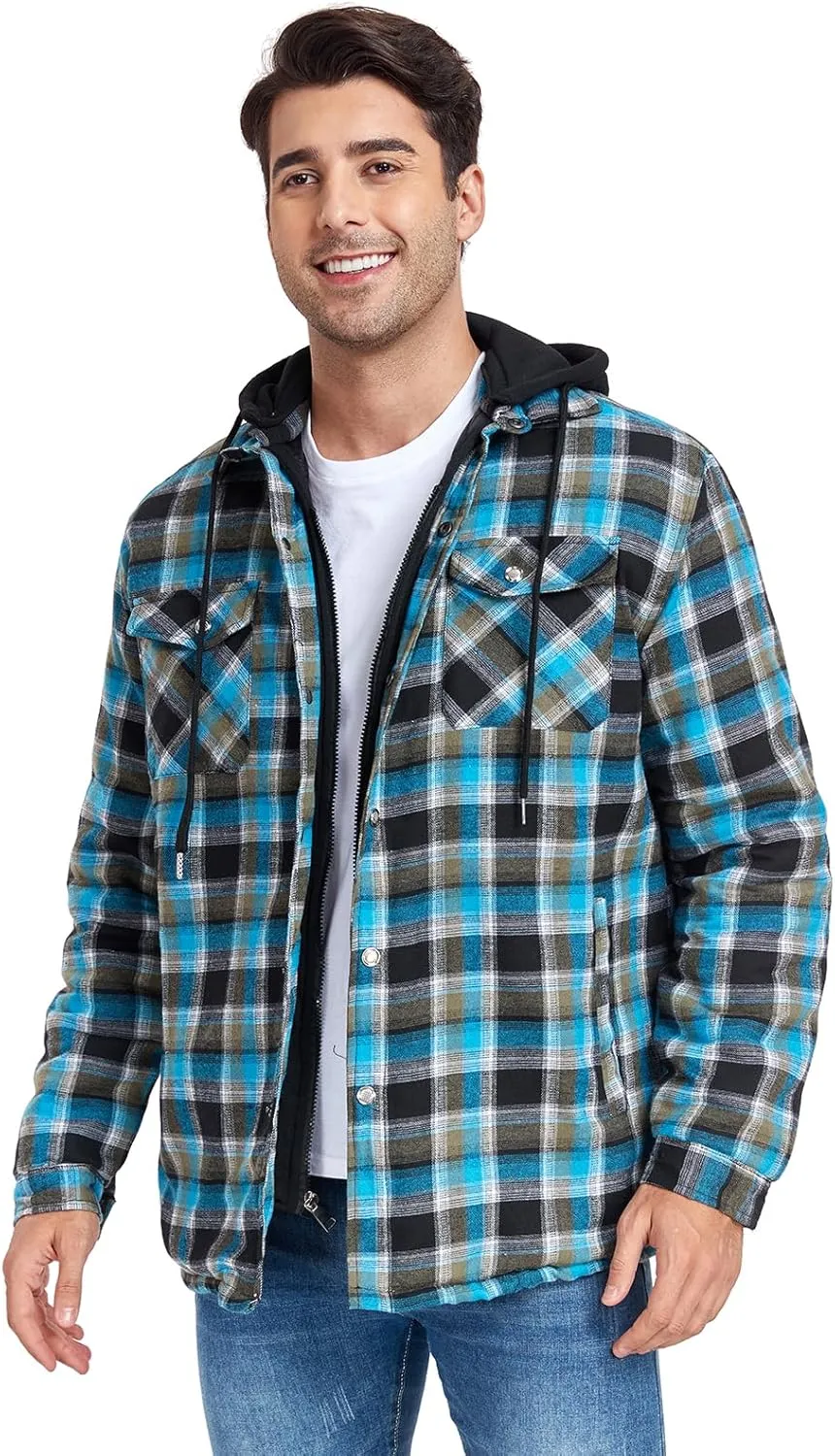 CHEXPEL Flannel Jackets for Men Long Sleeve Plaid Shirt Jacket Quilt Lined Hooded with Button Down Winter Coat