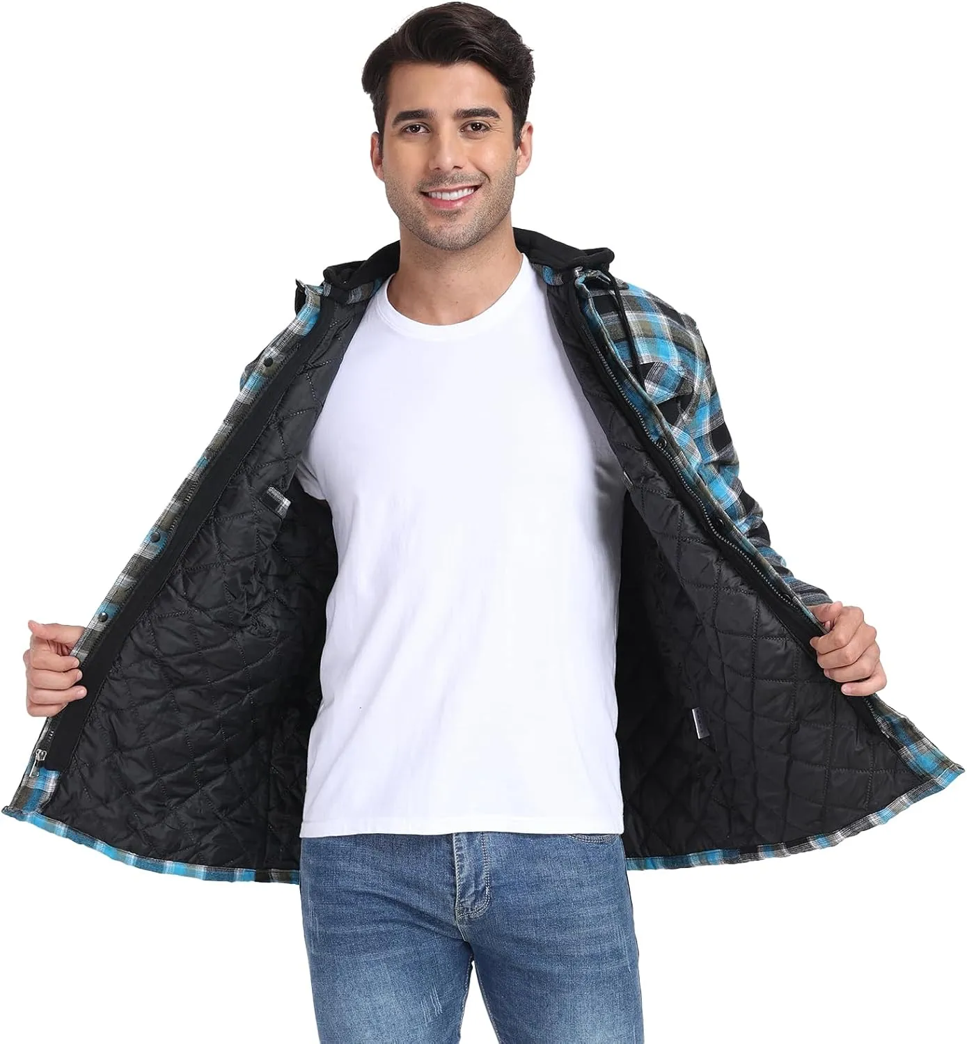 CHEXPEL Flannel Jackets for Men Long Sleeve Plaid Shirt Jacket Quilt Lined Hooded with Button Down Winter Coat
