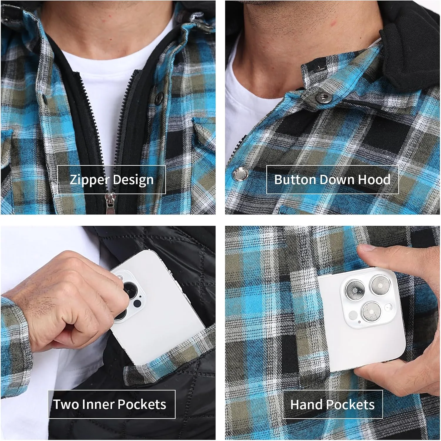 CHEXPEL Flannel Jackets for Men Long Sleeve Plaid Shirt Jacket Quilt Lined Hooded with Button Down Winter Coat