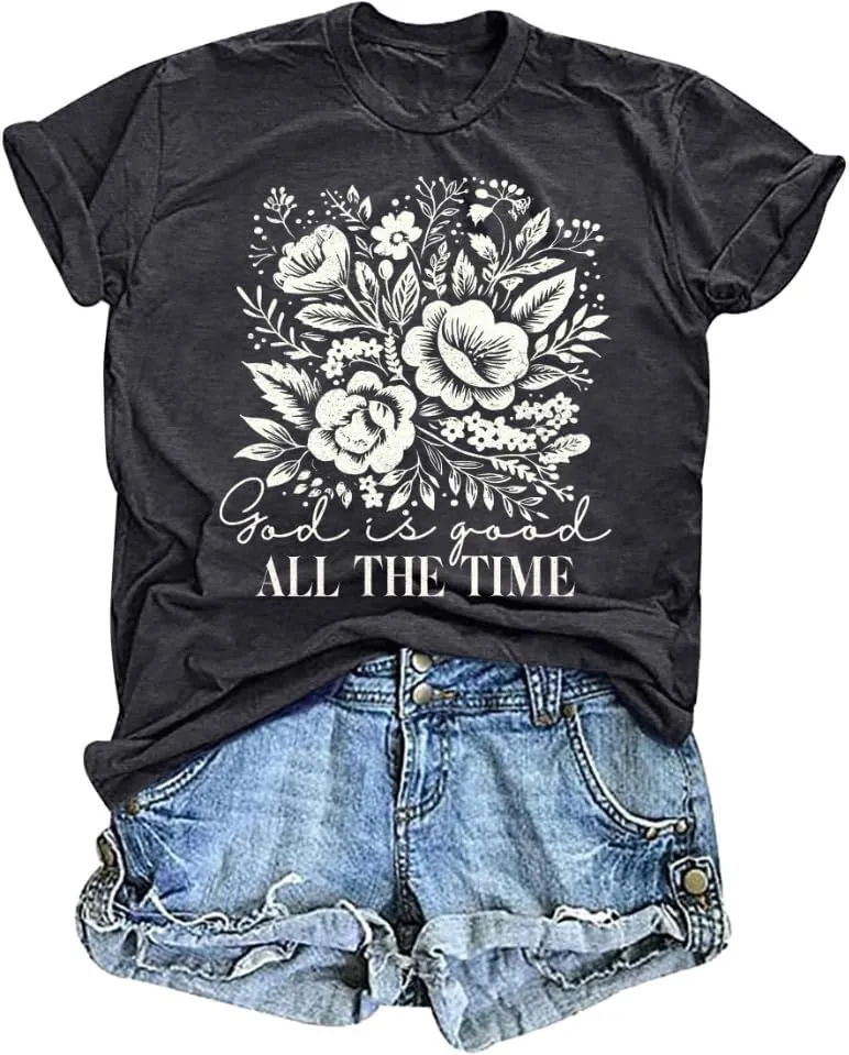 Christian Shirts for Women God is Good Bible Verse Tshirt Jesus Religious Gift Boho Wildflowers Short Sleeve Tee Tops Darkgrey Size L