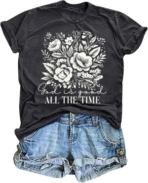 Christian Shirts for Women God is Good Bible Verse Tshirt Jesus Religious Gift Boho Wildflowers Short Sleeve Tee Tops Darkgrey Size L