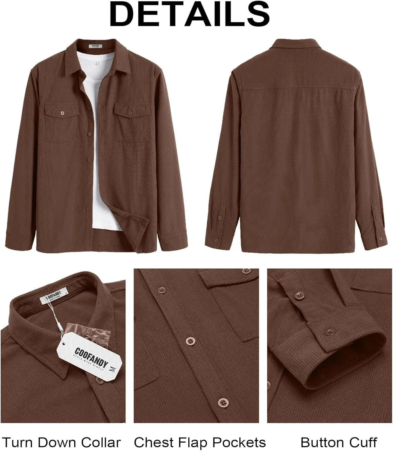COOFANDY Men's Button Down Waffle Shirt Jacket Casual Long Sleeve Shacket Lightweight Overshirts with Flap Pockets
