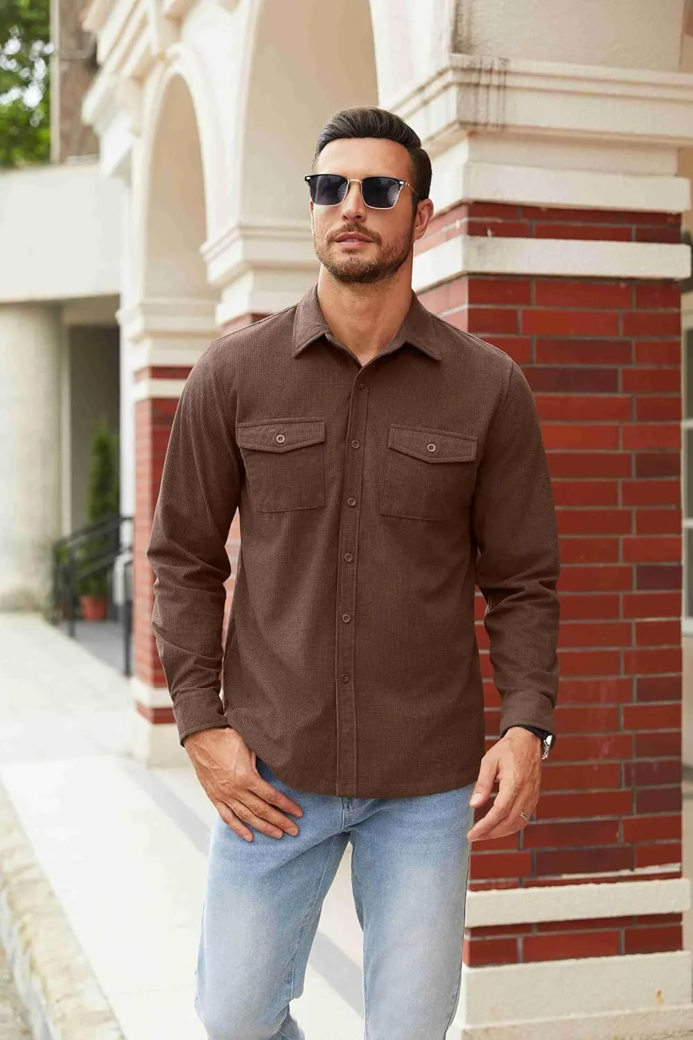 COOFANDY Men's Button Down Waffle Shirt Jacket Casual Long Sleeve Shacket Lightweight Overshirts with Flap Pockets