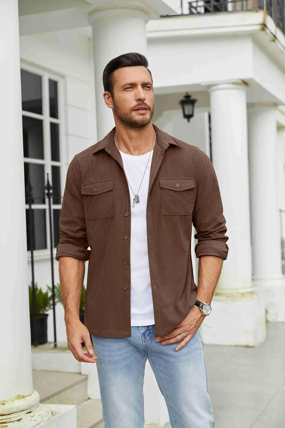 COOFANDY Men's Button Down Waffle Shirt Jacket Casual Long Sleeve Shacket Lightweight Overshirts with Flap Pockets