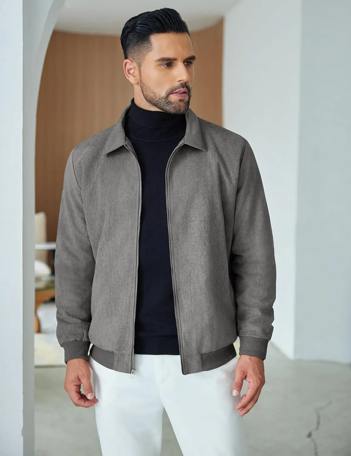 COOFANDY Men's Casual Suede Bomber Jacket Lightweight Full Zip Up Jackets Vintage Faux Leather Jacket