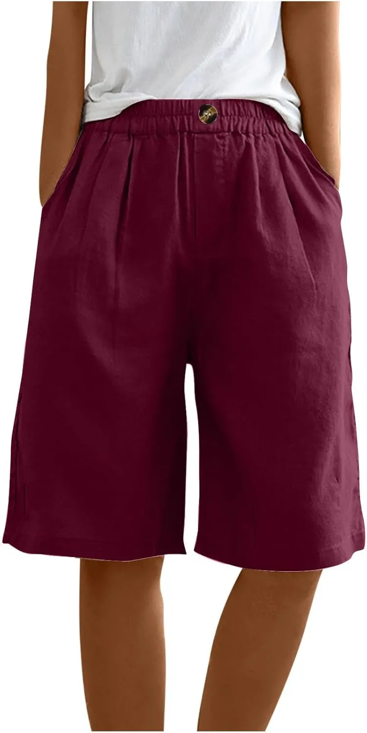 Cotton Linen Pants for Women Half Shorts Pants Summer Elastic Waist Buttons Solid Color Casual Pockets Pants