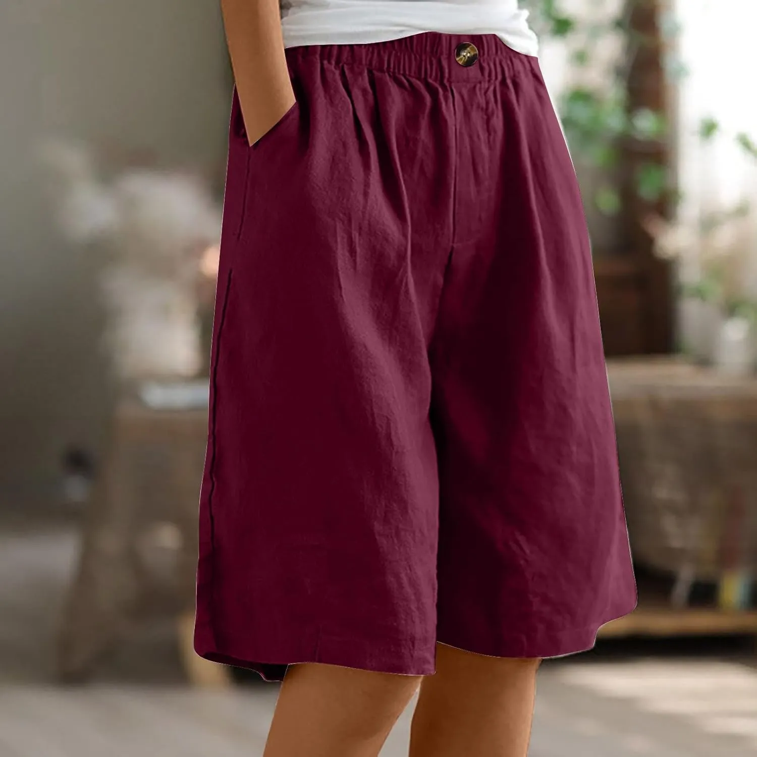 Cotton Linen Pants for Women Half Shorts Pants Summer Elastic Waist Buttons Solid Color Casual Pockets Pants
