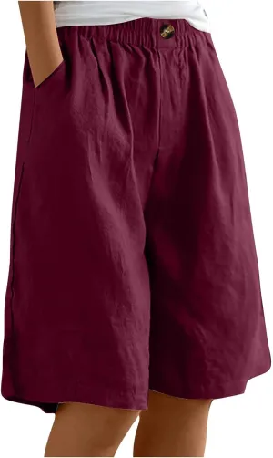 Cotton Linen Pants for Women Half Shorts Pants Summer Elastic Waist Buttons Solid Color Casual Pockets Pants