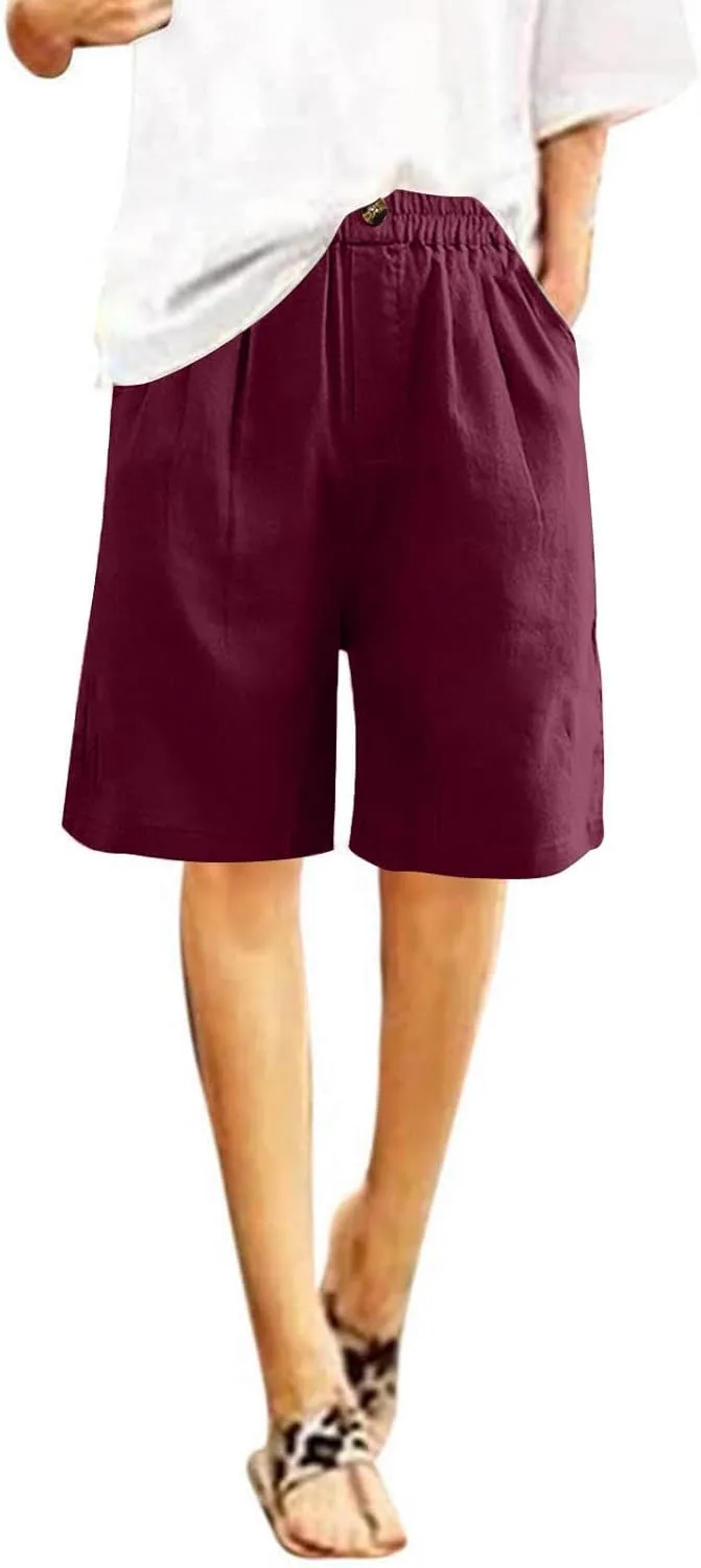 Cotton Linen Pants for Women Half Shorts Pants Summer Elastic Waist Buttons Solid Color Casual Pockets Pants
