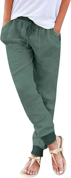 Cotton Linen Pants for Women Summer Causal Baggy Wide Leg Pants Loose Solid Drawstring Elastic High Waist Beach Trouser
